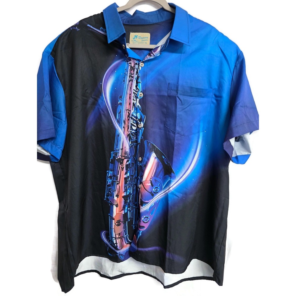 Royaura Mens 4XL Blue Saxophone Graphic Hawaiian Short Sleeve Button Front Shirt
